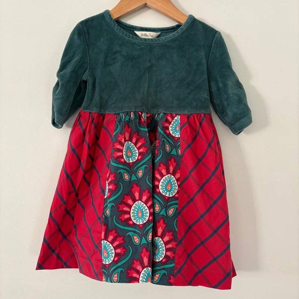 Matilda Jane Dress Girls Size 4 Plaid Floral Green Velvet Top